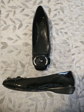 Black Patent Women's Ballet Flats with Silver Buckle